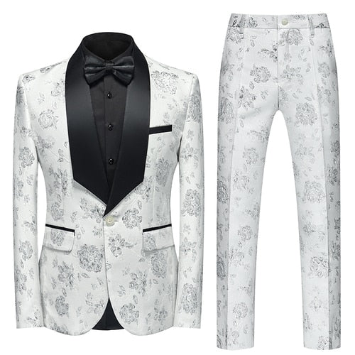 Blue Floral Pattern Suits Set-Tuxedos-Top Super Deals-2 Pcs Set white-Asian 3XL is Eur XL-Free Item Online