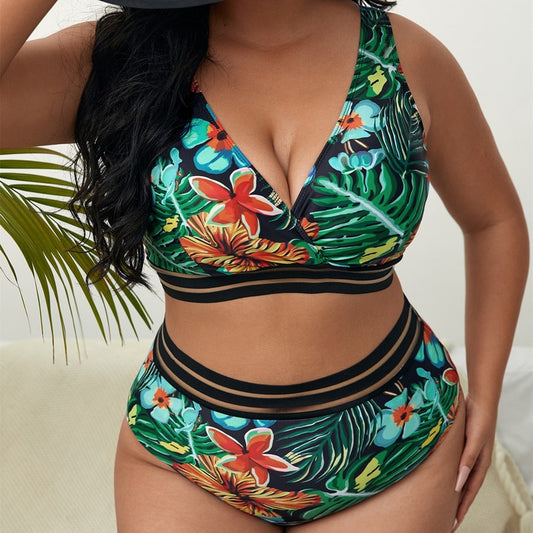 Plus Size  High Waist Two Pieces Bikini Set Swimsuit Women Beachwear Swimwear Bathing Suit