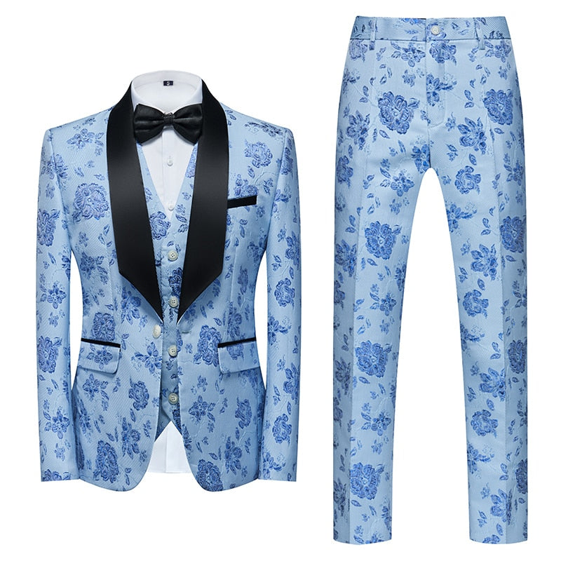 Blue Floral Pattern Suits Set-Tuxedos-Top Super Deals-3 Pcs Set shui lan 1-Asian 3XL is Eur XL-Free Item Online