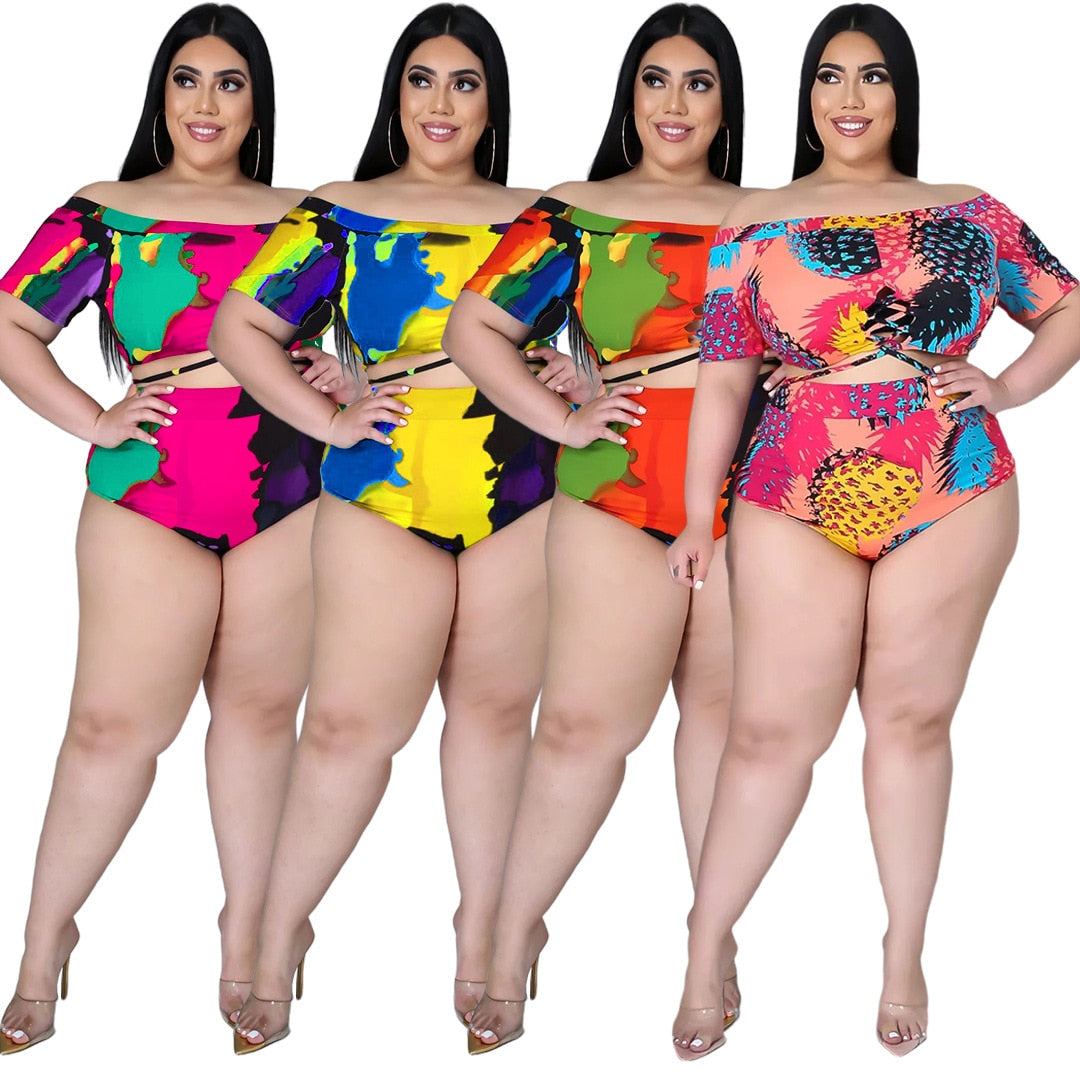 Swimsuits Women Summer Print Lace-Up Beach Shorts Two Piece Set Plus Size Swimwear
