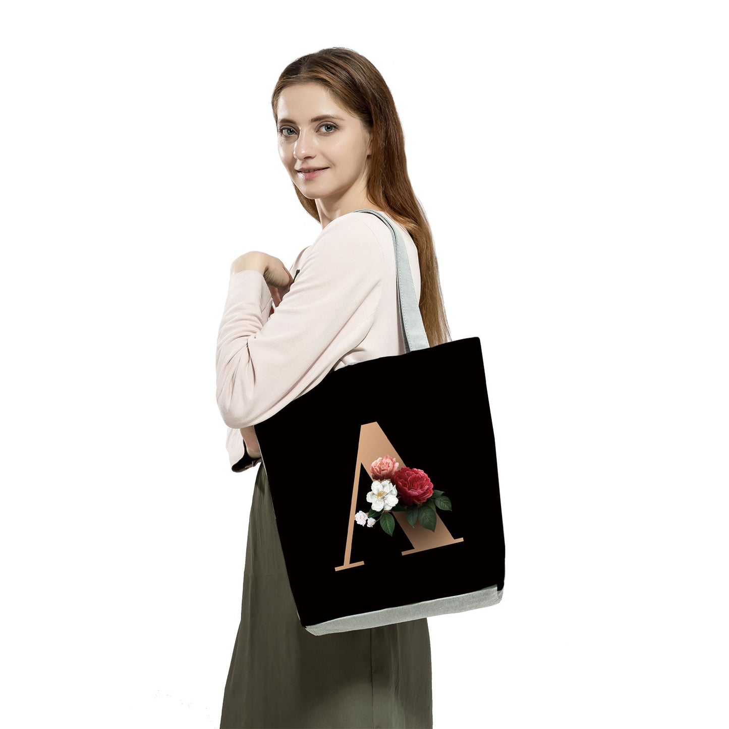Black Customized Letter Alphabets Women Tote Shoulder Handbag