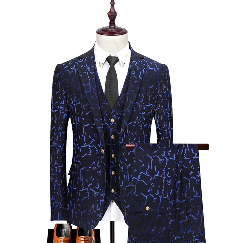 Floral Print 3 Piece Suit Set Men Luxury Bronzing Blazers Vest Trousers