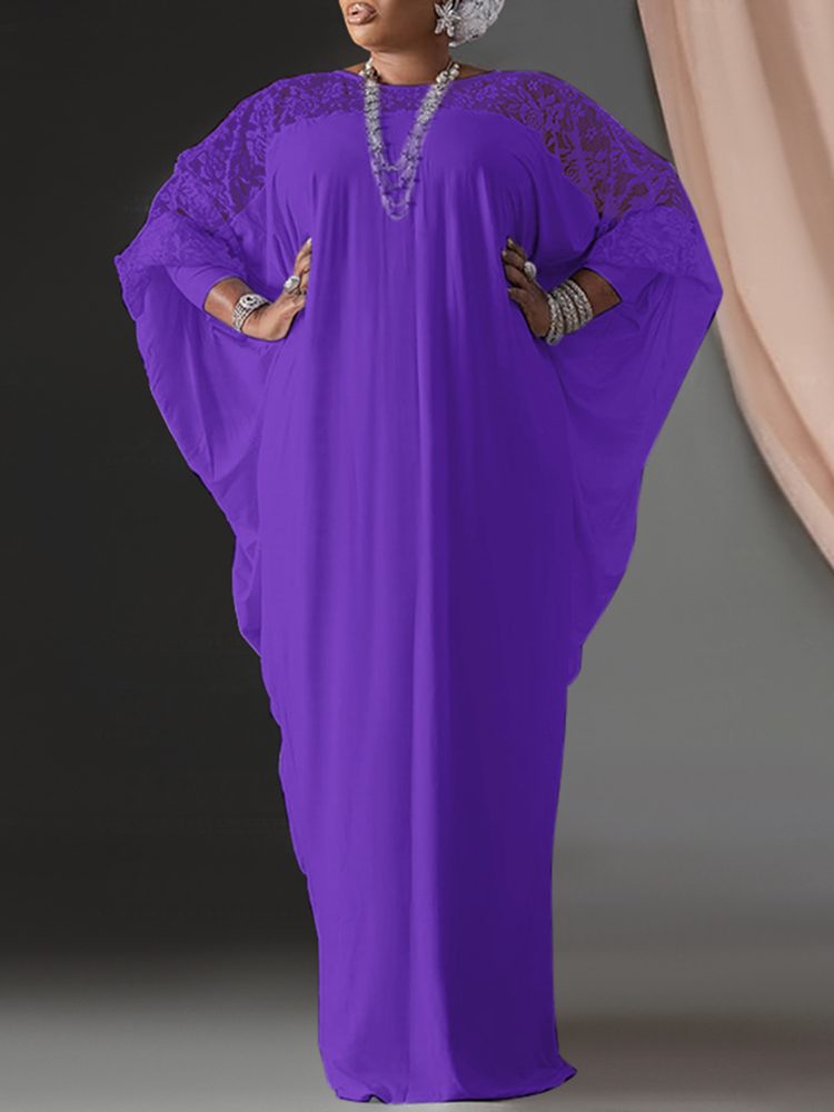 Summer Kaftan Dress Women Lace Patchwork Maxi Long Dresses Long Sleeve O Neck Solid