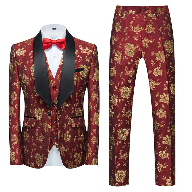 Blue Floral Pattern Suits Set-Tuxedos-Top Super Deals-3 Pcs Set gold red-Asian 3XL is Eur XL-Free Item Online