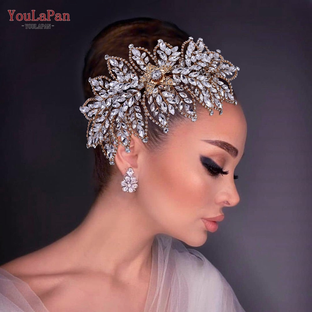 Rhinestone Bridal Headband Big Flower Shape Headdress for Women Crystal Hollow Wedding Headpiece Zircon Headwear