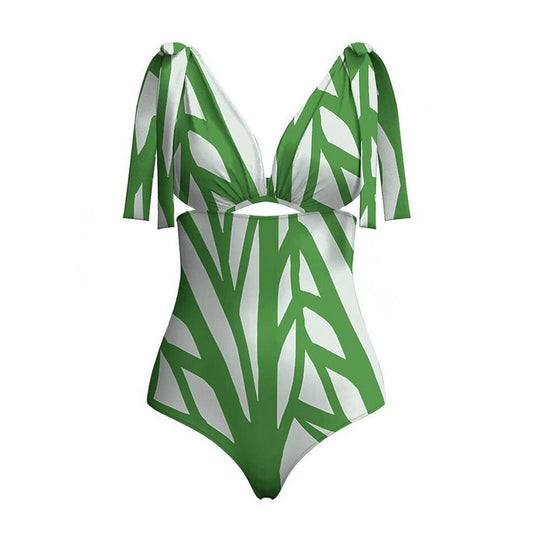 One Piece Swimwear Women Sexy Stripe Print Deep V-Neck  Bikini Swimsuit Hot Sale