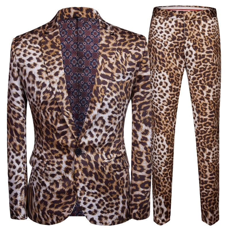 Leopard Print Suit Jacket Pants Two Pieces Blazers Coat Trousers Set