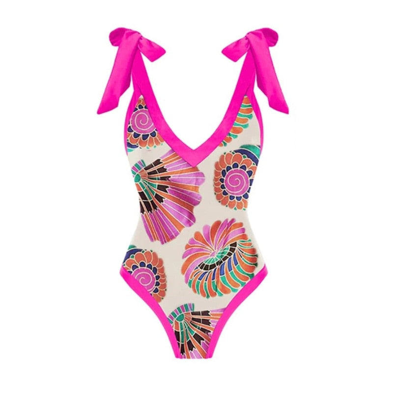 Bowknot One Piece Swimsuit Women Swimwear Skirt Cover Up Brazilian Bikini New Floral Print Beach Bathing Suit Set