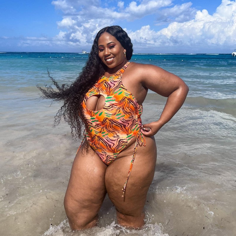 Plus-size women's one-piece swimwear Cut Out High Neck Bathing Suit Beach Wear