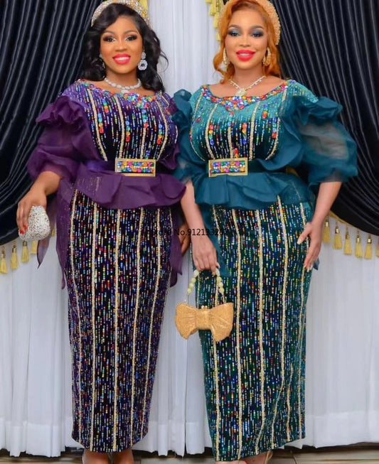 Dashiki Dresses Women Elegant Luxury Velvet Evening Gowns Plus Size Turkey Long Maxi Party Dress