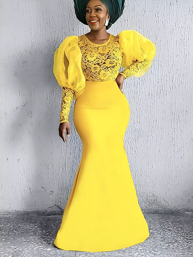 Yellow Lace Evening Party Dresses Women Puff Big Long Sleeve-party dresses-Top Super Deals-Free Item Online