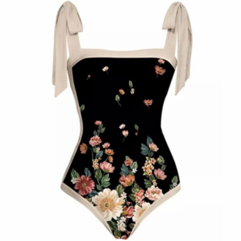 Bowknot One Piece Swimsuit Women Swimwear Skirt Cover Up Brazilian Bikini New Floral Print Beach Bathing Suit Set