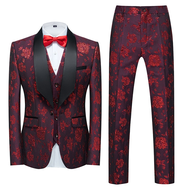 Blue Floral Pattern Suits Set-Tuxedos-Top Super Deals-3 Pcs Set wine red-Asian 3XL is Eur XL-Free Item Online
