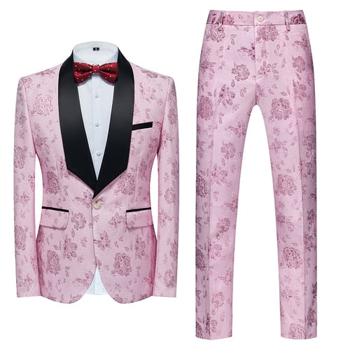 Blue Floral Pattern Suits Set-Tuxedos-Top Super Deals-2 Pcs Set pink-Asian 3XL is Eur XL-Free Item Online