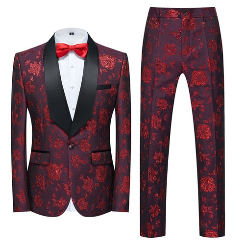 Blue Floral Pattern Suits Set-Tuxedos-Top Super Deals-2 Pcs Set wine red-Asian 3XL is Eur XL-Free Item Online