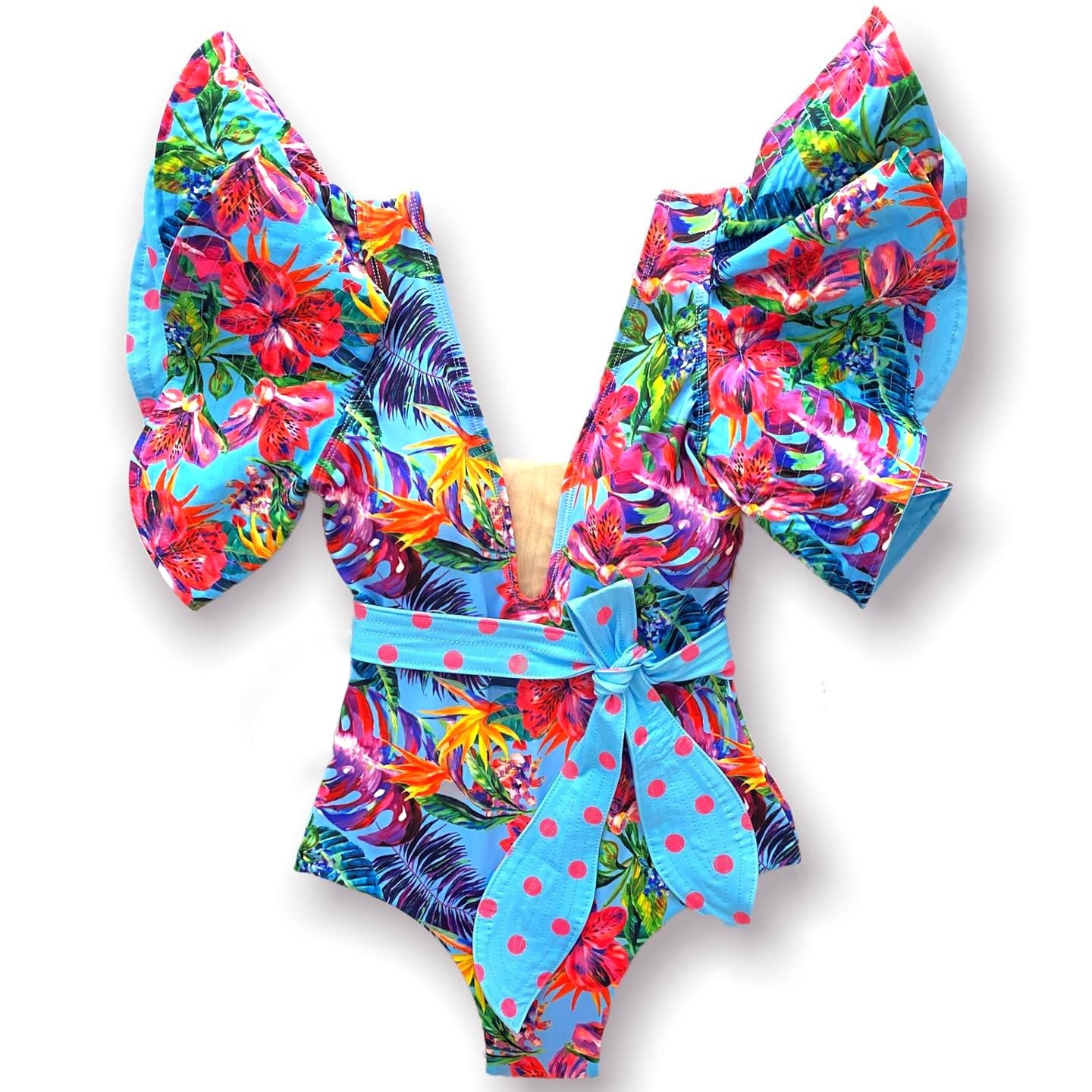 Floral Printed Deep V-neck Ruffle Swimsuit Push Up One Piece Backless Monokini