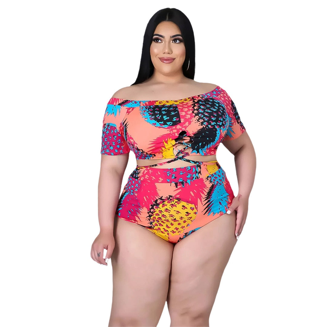 Swimsuits Women Summer Print Lace-Up Beach Shorts Two Piece Set Plus Size Swimwear