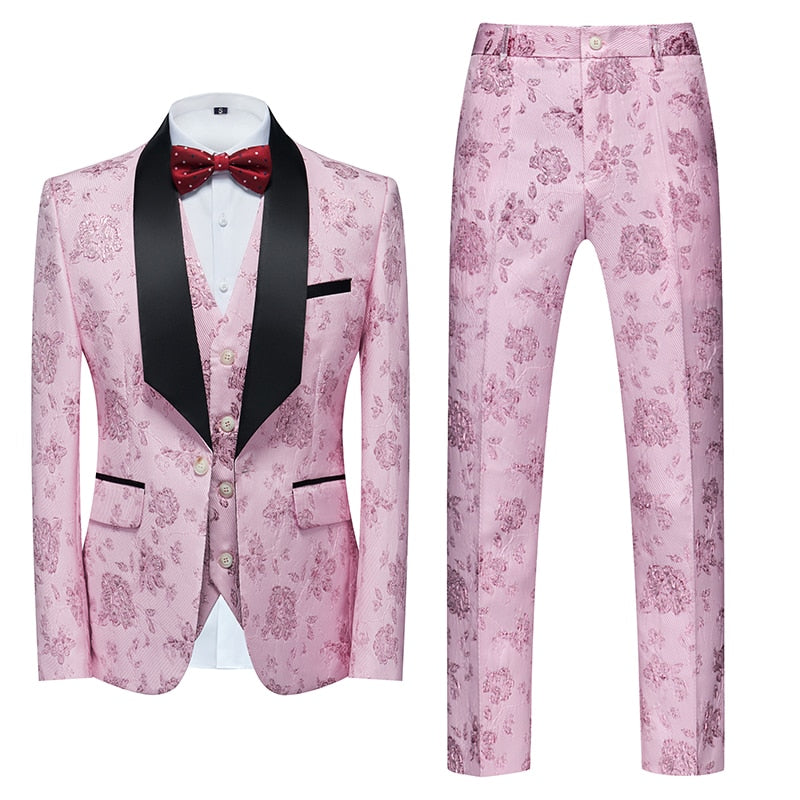 Blue Floral Pattern Suits Set-Tuxedos-Top Super Deals-3 Pcs Set pink 1-Asian 3XL is Eur XL-Free Item Online