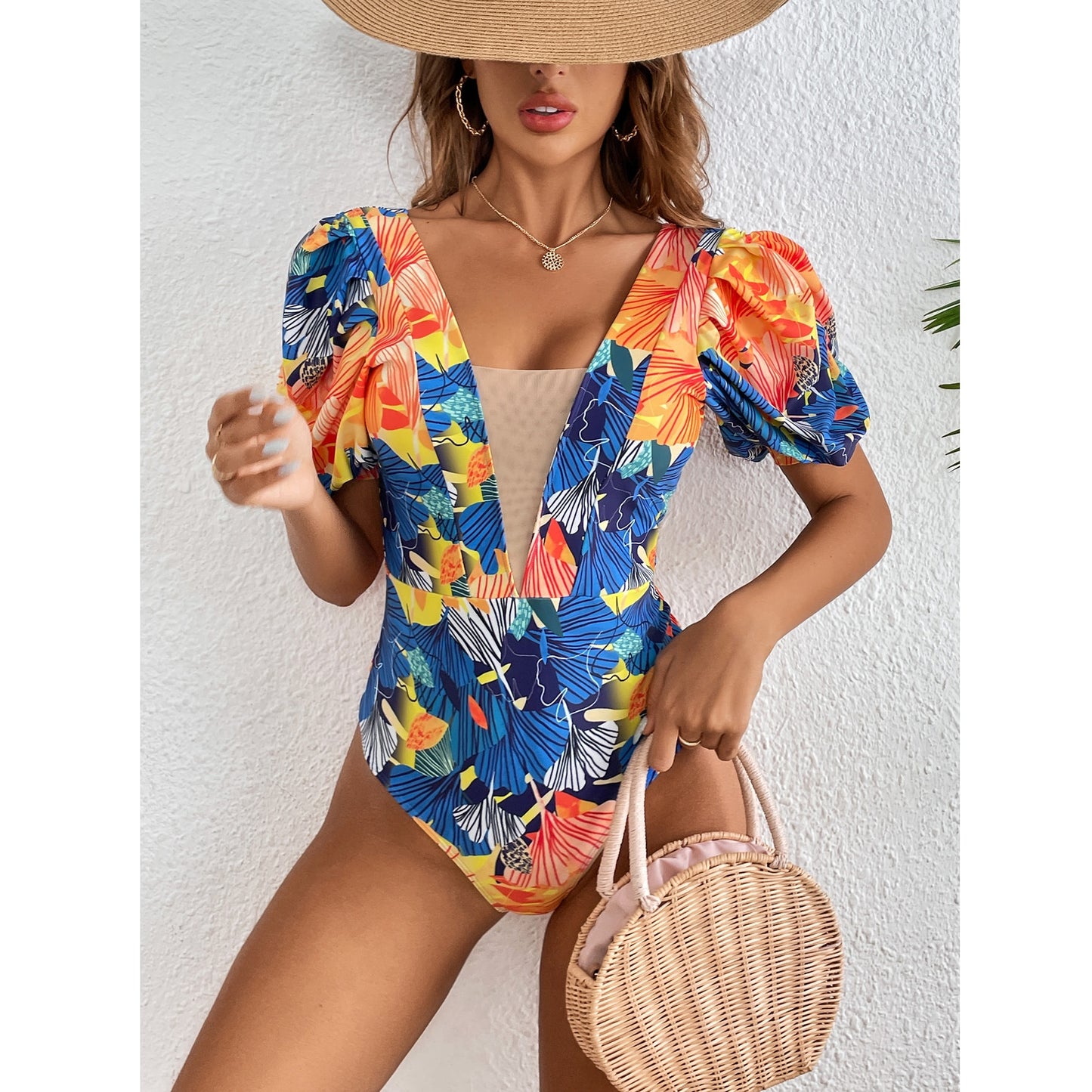 One Piece Swimwear Women Swimsuit Floral Bathing Suit V Neck Beach Wear Padded Bodysuit Monokini