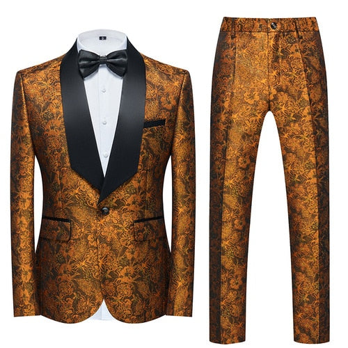Blue Floral Pattern Suits Set-Tuxedos-Top Super Deals-2 Pcs Set ju huang-Asian 3XL is Eur XL-Free Item Online