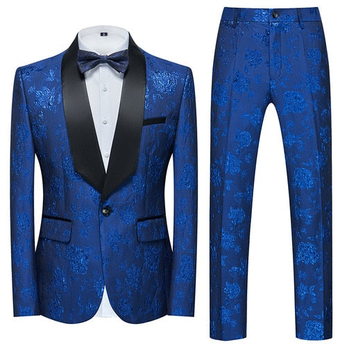 Blue Floral Pattern Suits Set-Tuxedos-Top Super Deals-2 Pcs Set bao lan-Asian 3XL is Eur XL-Free Item Online