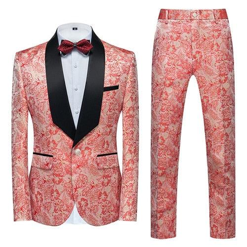 Blue Floral Pattern Suits Set-Tuxedos-Top Super Deals-2 Pcs Set pink 1-Asian 3XL is Eur XL-Free Item Online
