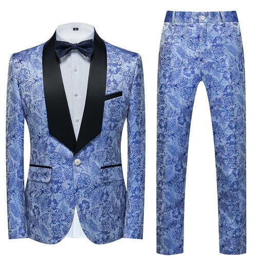 Blue Floral Pattern Suits Set-Tuxedos-Top Super Deals-2 Pcs Set shui lan 1-Asian 3XL is Eur XL-Free Item Online