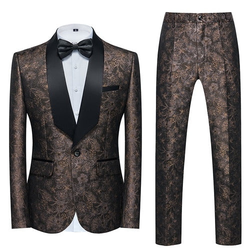 Blue Floral Pattern Suits Set-Tuxedos-Top Super Deals-2 Pcs Set ka se-Asian 3XL is Eur XL-Free Item Online