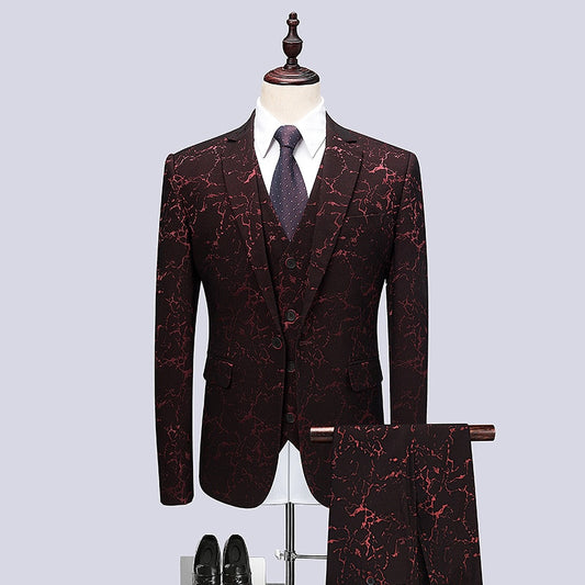 Floral Print 3 Piece Suit Set Men Luxury Bronzing Blazers Vest Trousers