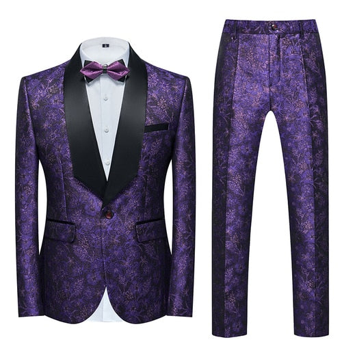 Blue Floral Pattern Suits Set-Tuxedos-Top Super Deals-2 Pcs Set purple 1-Asian 3XL is Eur XL-Free Item Online