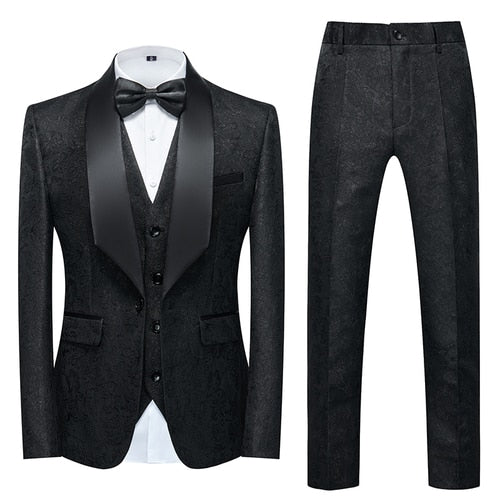 Blue Floral Pattern Suits Set-Tuxedos-Top Super Deals-3 Pcs Set black-Asian 3XL is Eur XL-Free Item Online