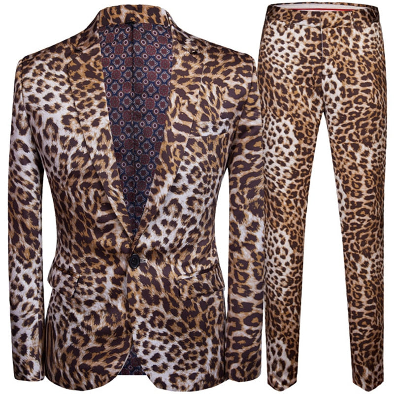 Leopard Print Suit Jacket Pants Two Pieces Blazers Coat Trousers Set