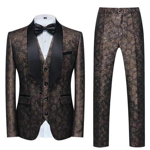 Blue Floral Pattern Suits Set-Tuxedos-Top Super Deals-3 Pcs Set ka se-Asian 3XL is Eur XL-Free Item Online