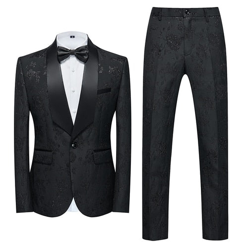 Blue Floral Pattern Suits Set-Tuxedos-Top Super Deals-2 Pcs Set black-Asian 3XL is Eur XL-Free Item Online