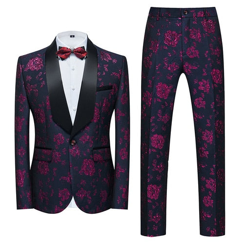 Blue Floral Pattern Suits Set-Tuxedos-Top Super Deals-2 Pcs Set purple-Asian 3XL is Eur XL-Free Item Online