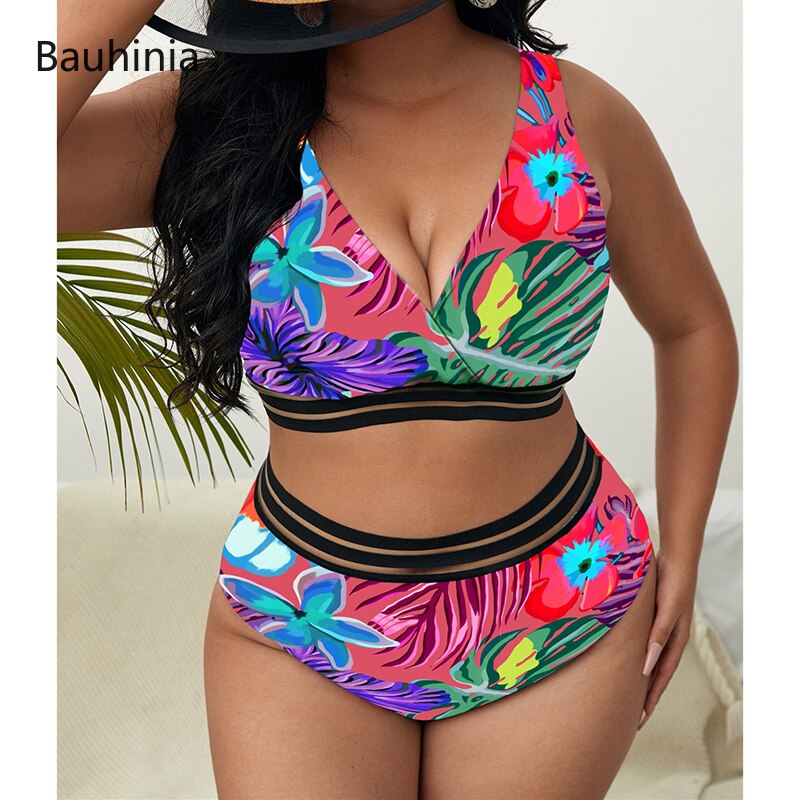 Plus Size Swimsuits 2 Pieces Set Women High Waist Push Up Bikini Sets Flower Print Bathing Suits