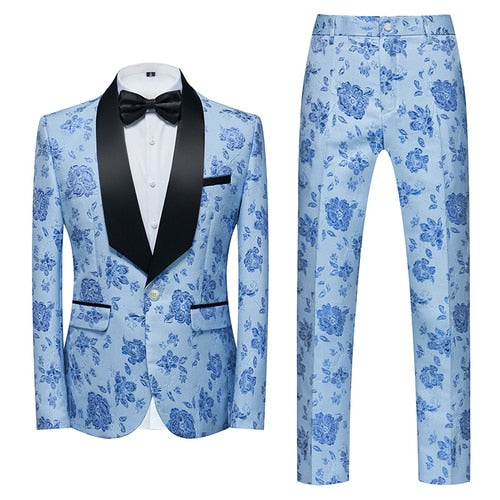 Blue Floral Pattern Suits Set-Tuxedos-Top Super Deals-2 Pcs Set shui lan-Asian 3XL is Eur XL-Free Item Online