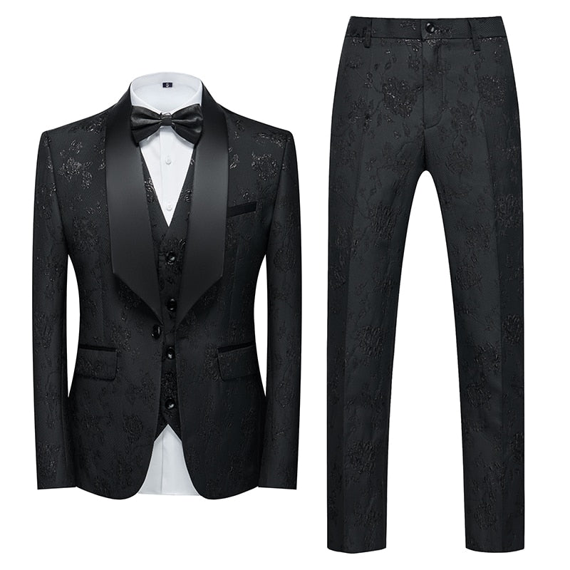 Blue Floral Pattern Suits Set-Tuxedos-Top Super Deals-3 Pcs Set black 1-Asian 3XL is Eur XL-Free Item Online