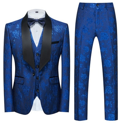 Blue Floral Pattern Suits Set-Tuxedos-Top Super Deals-3 Pcs Set bao lan-Asian 3XL is Eur XL-Free Item Online
