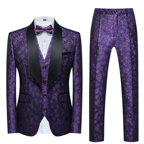 Blue Floral Pattern Suits Set-Tuxedos-Top Super Deals-3 Pcs Set Purple-Asian 3XL is Eur XL-Free Item Online