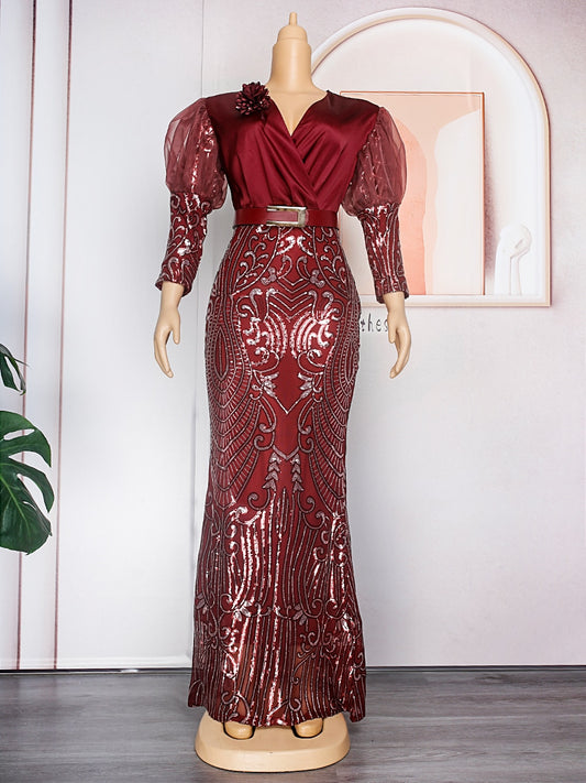 Plus Size African Party Long Dresses Women Sequin Evening Gowns