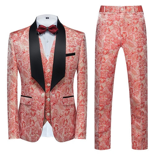 Blue Floral Pattern Suits Set-Tuxedos-Top Super Deals-3 Pcs Set pink-Asian 3XL is Eur XL-Free Item Online