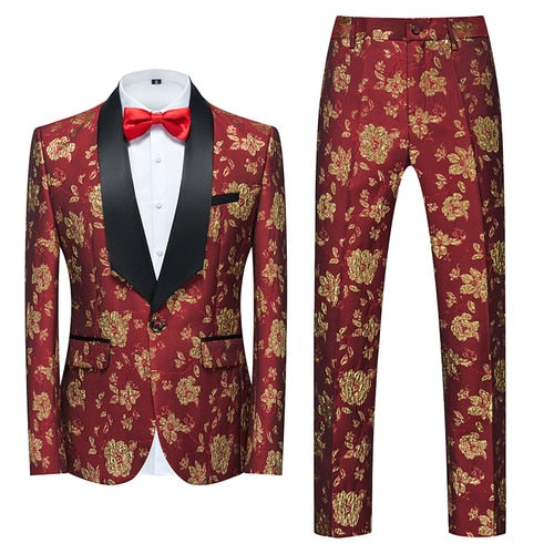 Blue Floral Pattern Suits Set-Tuxedos-Top Super Deals-2 Pcs Set gold red-Asian 3XL is Eur XL-Free Item Online