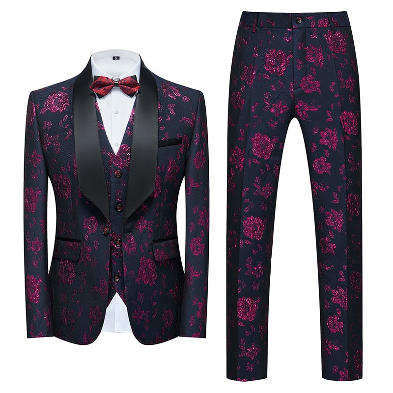 Blue Floral Pattern Suits Set-Tuxedos-Top Super Deals-3 Pcs Set purple-Asian 3XL is Eur XL-Free Item Online