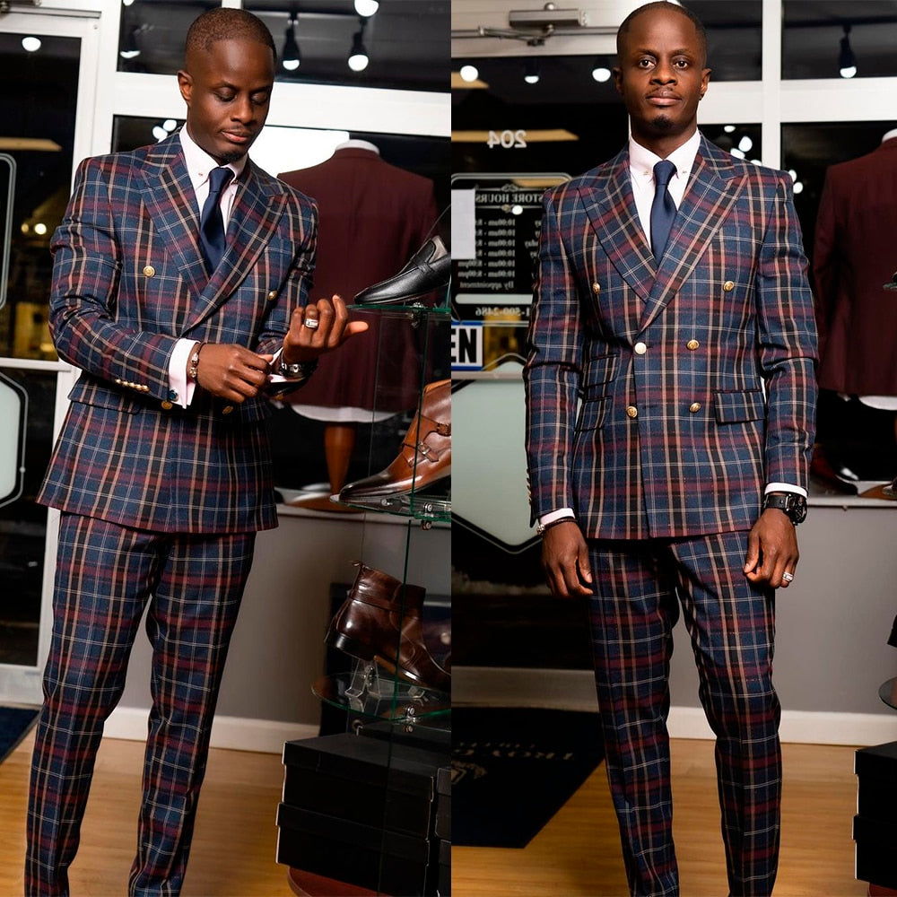 Casual Men Suits Grid Pattern Two Button Two Pieces Jacket With Pants-men suits-Top Super Deals-Free Item Online