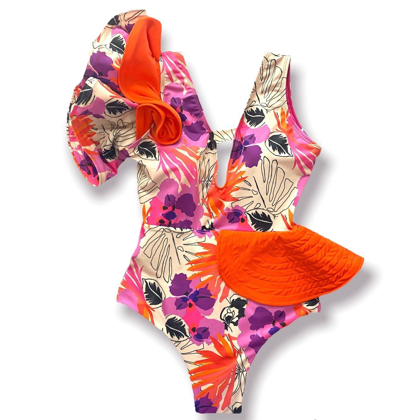 Floral Printed Deep V-neck Ruffle Swimsuit Push Up One Piece Backless Monokini