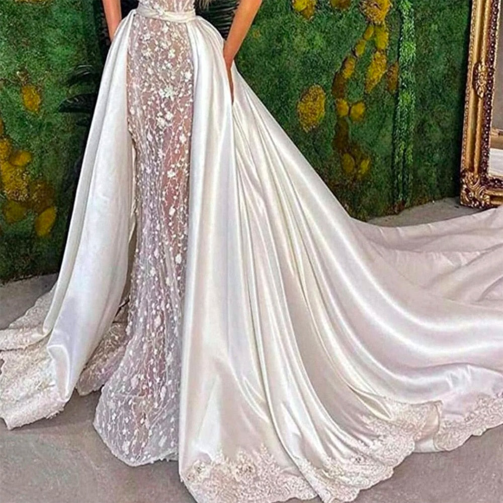 Luxury Wedding Detachable Skirt Satin Lace Removable Long Train for Dresses Real Wedding Overskirt