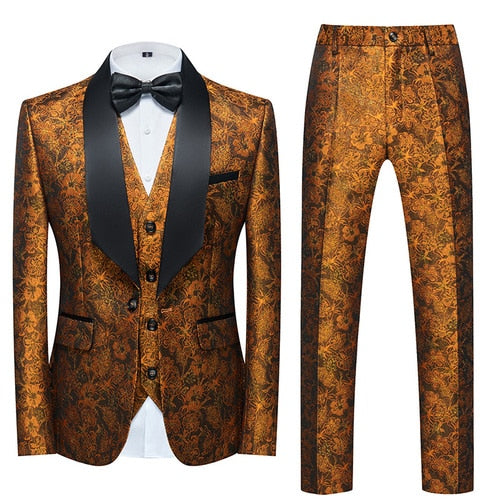 Blue Floral Pattern Suits Set-Tuxedos-Top Super Deals-3 Pcs Set ju huang-Asian 3XL is Eur XL-Free Item Online