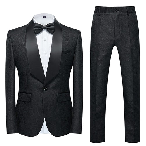 Blue Floral Pattern Suits Set-Tuxedos-Top Super Deals-2 Pcs Set black 1-Asian 3XL is Eur XL-Free Item Online