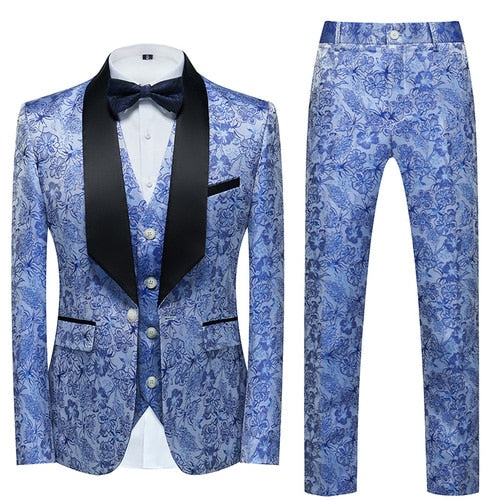 Blue Floral Pattern Suits Set-Tuxedos-Top Super Deals-3 Pcs Set shui lan-Asian 3XL is Eur XL-Free Item Online